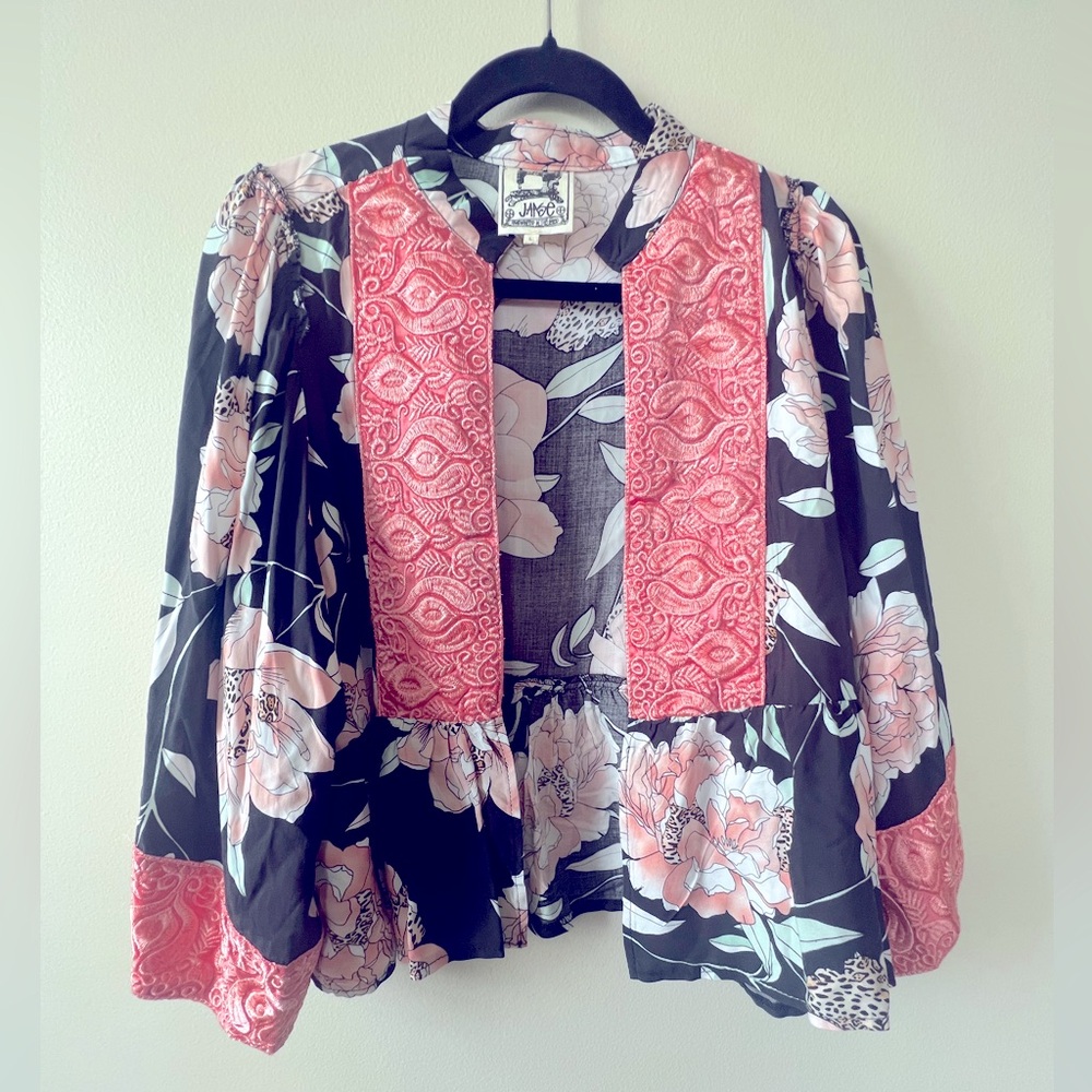 Jaase Black Floral Blazer with Pink Accents
